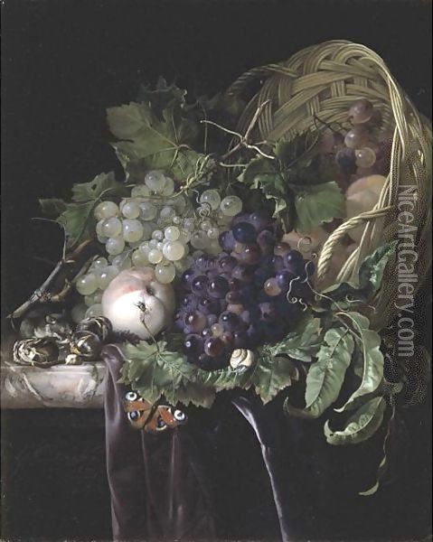 Peaches, Chestnuts And Grapes In An Overturned Basket Resting On A Partially Draped Marble Ledge Oil Painting - Willem Van Aelst