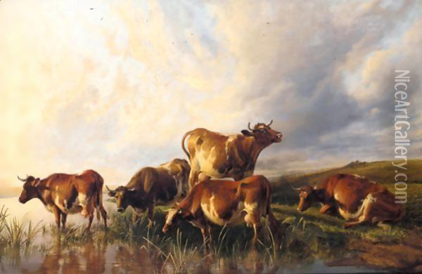 Cattle Watering 4 Oil Painting - Thomas Sidney Cooper