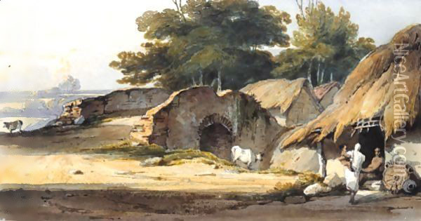 Indian Figures By A Hut With Cattle And A Bridge Nearby Oil Painting - George Chinnery