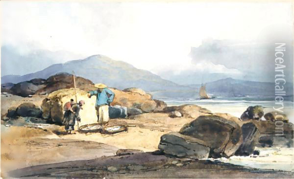 Chinese Fishermen On The Shore With Their Catch Oil Painting - George Chinnery