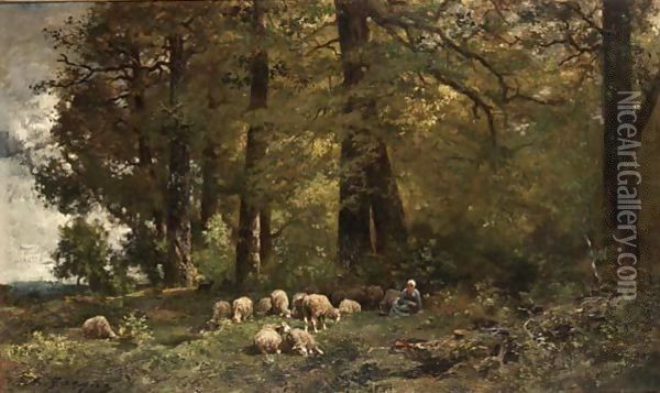 A Shepherdess With Her Flock In A Wooded Landscape Oil Painting - Charles Emile Jacque
