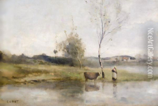 L'Etang Au Bouleau Et A La Vachere Oil Painting - Jean-Baptiste-Camille Corot