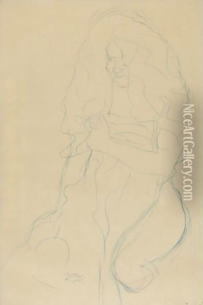 Kniender Akt, Ein Tuch Vor Den Korper Haltend (Kneeling Nude, Holding A Scarf In Front Of Her Body) Oil Painting - Gustav Klimt