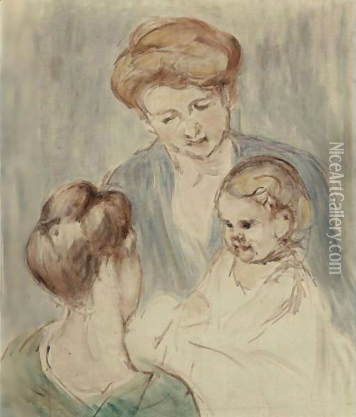 Bebe Souriant A Deux Jeunes Femmes Oil Painting - Mary Cassatt