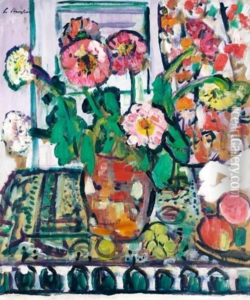 Still Life With Dahlias And Fruit Oil Painting - George Leslie Hunter