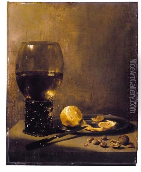 A Still Life With A Large Roemer, A Knife Resting On A Silver Plate Bearing A Partly-Peeled Lemon, Walnuts And Hazelnuts, On A Marble Ledge Oil Painting - Pieter Claesz.