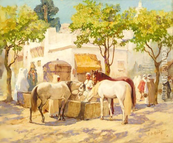 At The Fountain, Algiers Oil Painting - Frederick Arthur Bridgman