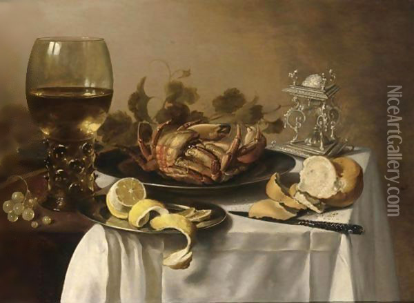 A Still Life With A Roemer, A Crab And A Peeled Lemon On A Pewter Plate Oil Painting - Pieter Claesz.