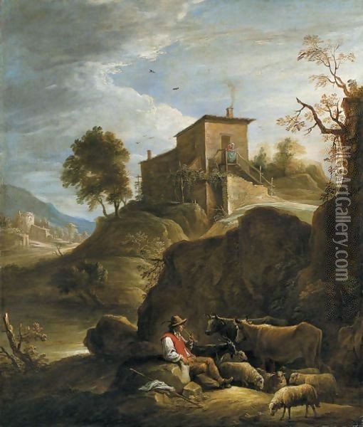 A Pastoral Landscape With A Herdsman Playing A Pipe Near A Waterfall Oil Painting - David The Younger Teniers