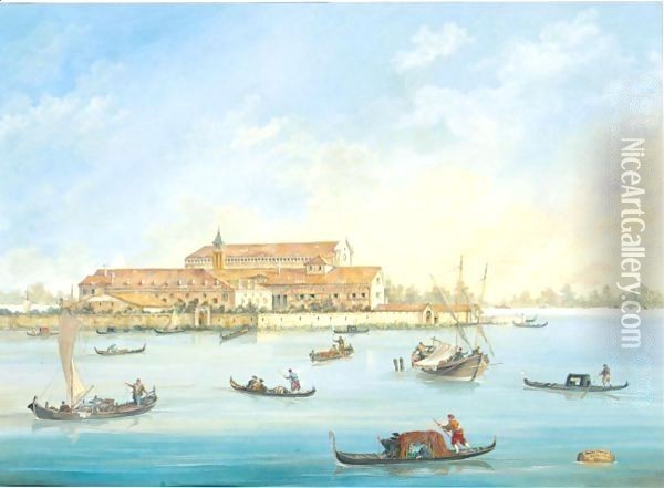Gondoliers And Sailing Boats Before An Island In The Venetian Lagoon Oil Painting - Italian School
