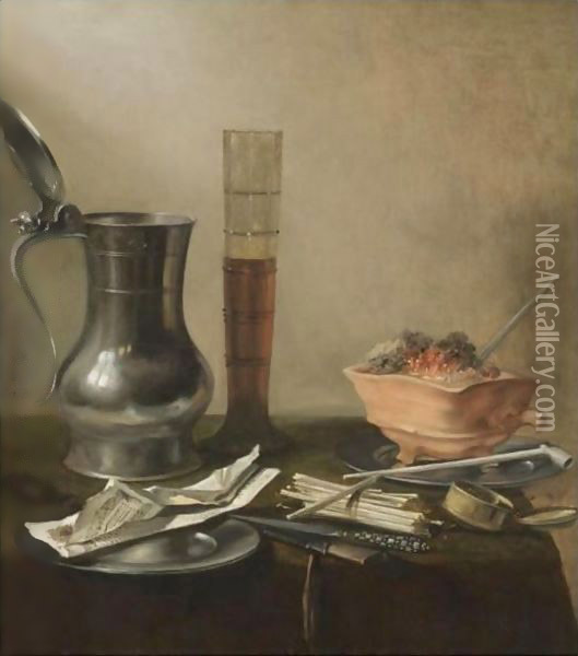 A Still Life Of A Pewter Flagon, A Tall Glass, A Chafing-Dish And Smokers' Requisites, All On A Draped Table Oil Painting - Pieter Claesz.