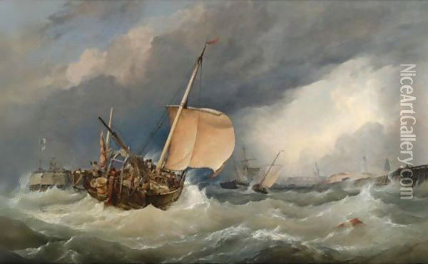 French Lugger Running Into Calais Oil Painting - Edward William Cooke