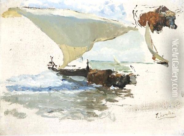Beaching The Boat, Study For 'La Vuelta De La Pesca' Oil Painting - Joaquin Sorolla Y Bastida