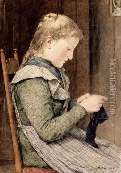Girl Knitting, 1905 Oil Painting - Albert Anker