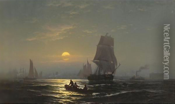 New York Harbor In Moonlight Oil Painting - Edward Moran