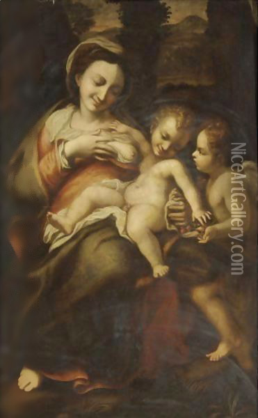 The Madonna And Child With The Infant Saint John The Baptist Oil Painting - Correggio, (Antonio Allegri)