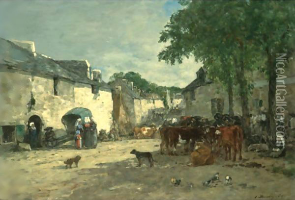 Marche Aux Bestiaux A Daoulas, Bretagne Oil Painting - Eugene Boudin
