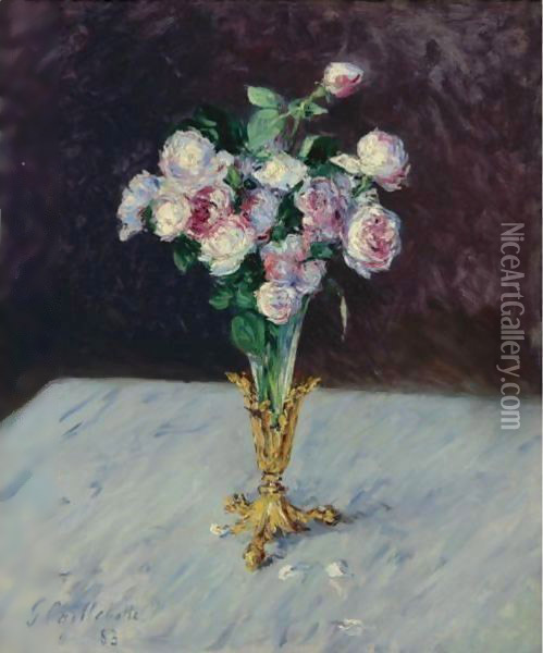 Bouquet De Roses Dans Un Vase De Cristal Oil Painting - Gustave Caillebotte