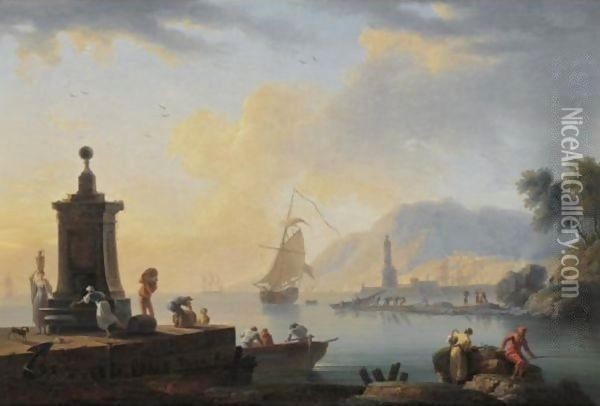 Mediterranean Port Scene Oil Painting - Claude-joseph Vernet