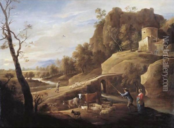 Landscape With A Shepherd And Shepherdess And Their Flock Along A Path Oil Painting - David The Younger Teniers