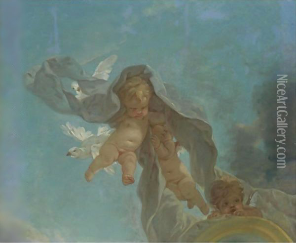 Putti With Doves, A Fragment Oil Painting - Francois Boucher