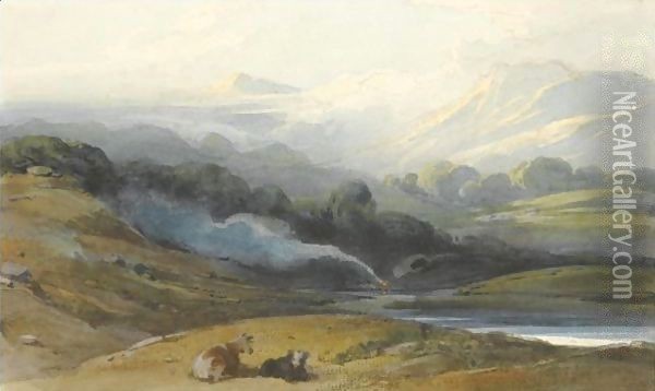 Cattle Resting In A Mountainous Landscape Oil Painting - George Chinnery