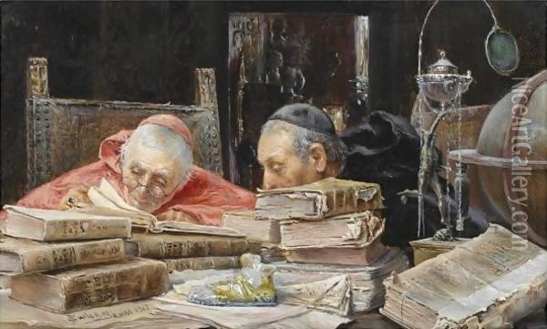 En La Bibloteca (In The Library) Oil Painting - Jose Gallegos Y Arnosa