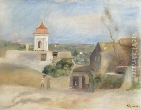 Paysage Et Chapelle - Paysage A Cagnes Oil Painting - Pierre Auguste Renoir