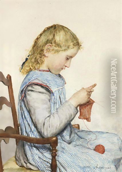 Girl Knitting, 1905 2 Oil Painting - Albert Anker