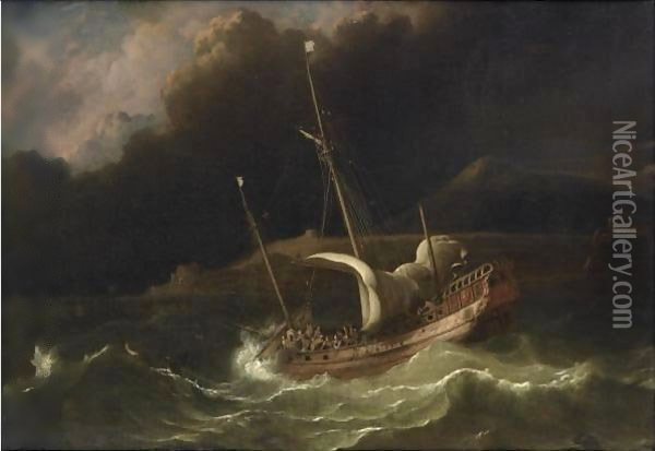 A Flute In A Tempestuous Sea, Near A Strip Of Land Oil Painting - Ludolf Backhuysen