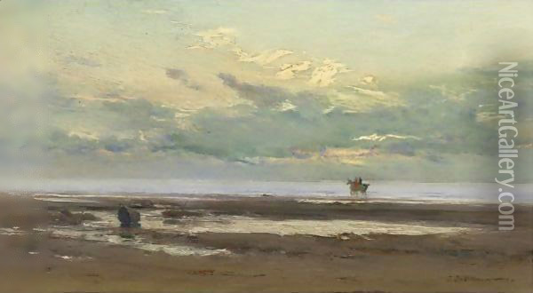 On The Beach, Biarritz. Effect At Evening Oil Painting - Ivan Pavlovich Pokhitonov