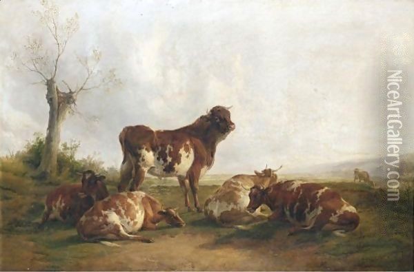 Four Cows And A Bull In The Stour Meadows Oil Painting - Thomas Sidney Cooper