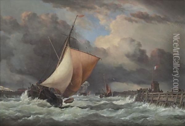 Calais Harbour, View Of Old Pier And Fort Rouge With Sloop Entering Oil Painting - Edward William Cooke