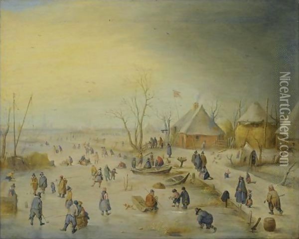 A Winter Landscape With Kolf Players, Skaters And Numerous Other Figures Oil Painting - Hendrick Avercamp