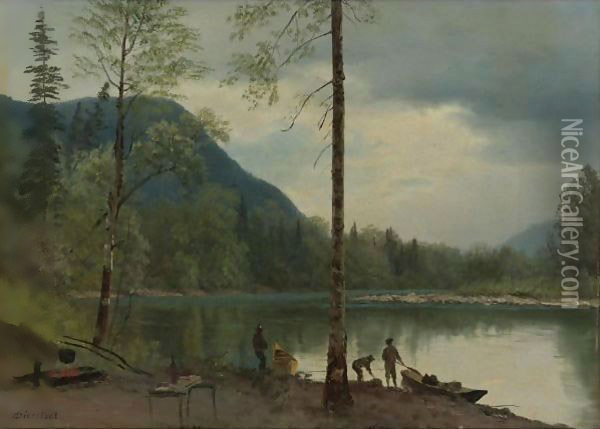 Campers With Canoes Oil Painting - Albert Bierstadt