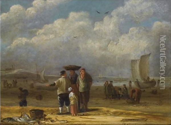Fishermen And Women Conversing On The Beach, Other Fishermen Unloading Their Catch In The Background Oil Painting - Cornelis van de Velde