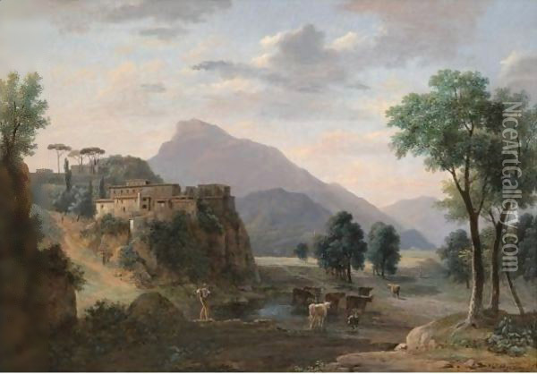 An Italianate Landscape With A Herder And His Cows Before A Hilltop Town Oil Painting - Jean-Victor Bertin