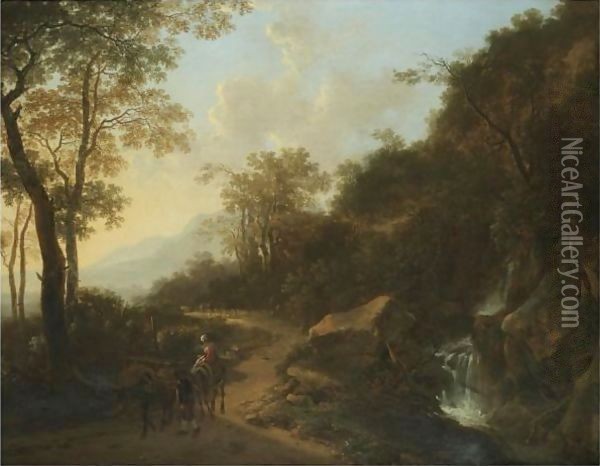 A Mountainous Italianate Landscape With Travellers Passing A Stream Oil Painting - Jan Both