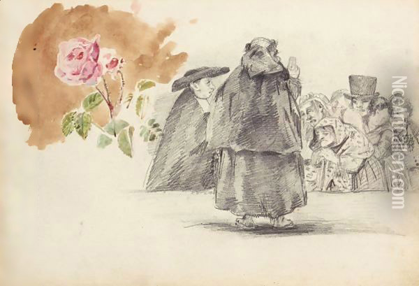 Etudes De Personnages, Probablement D'Apres Goya, Et Etude De Rose Oil Painting - Eugene Delacroix