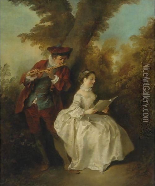 Le Duo, A Young Man Playing The Flute And A Young Woman Singing In A Landscape Oil Painting - Nicolas Lancret