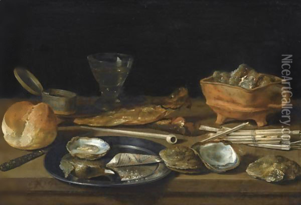 Still Life With A Brazier, A Wine-Glass, A Bread Roll, Smoking Paraphenalia, Two Herrings And A Pewter Plate Oil Painting - Pieter Claesz.