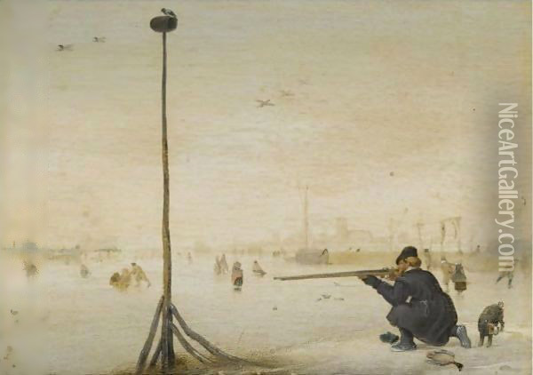 Winter Landscape With A Hunter Shooting Duck At The Edge Of A Frozen Waterway Oil Painting - Hendrick Avercamp