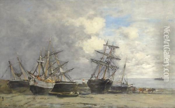 Portrieux. Bateaux Echoues. Maree Basse Oil Painting - Eugene Boudin