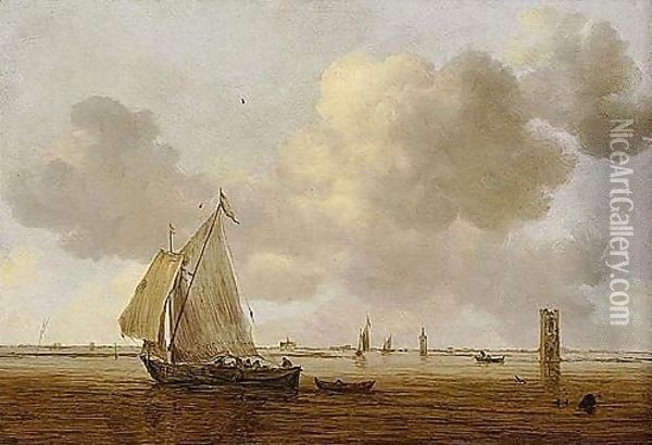 An Estuary Scene With A Wijdschip In A Light Breeze Oil Painting - Jan van Goyen