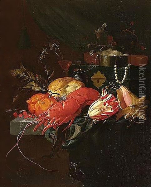 A Still Life Of A Lobster, A Conch Shell, A Tulip, Orange, Redcurrants, Bread, A Salt Cellar And A Wine-glass, Together With A String Of Pearls And A Jewellery Casket Upon A Partly-draped Stone Ledge Oil Painting - Elias van den Broeck