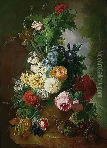 A Still Life Of Flowers In A Terracotta Urn With A Bird's Nest On A Marble Ledge, A Garden Beyond Oil Painting - Jan van Os