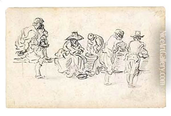 A Sketchbook Page Study Of Five Figures, Seemingly In A Market Oil Painting - Jan van Goyen