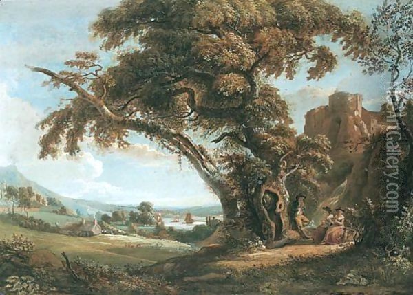 Figures By A Waterfall With A Castle And A River Estuary Beyond Oil Painting - Paul Sandby