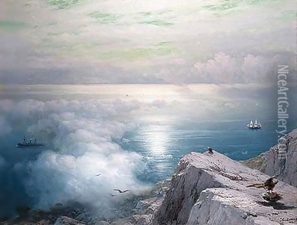 A rocky coastal landscape in the aegean with ships in the distance Oil Painting - Ivan Konstantinovich Aivazovsky