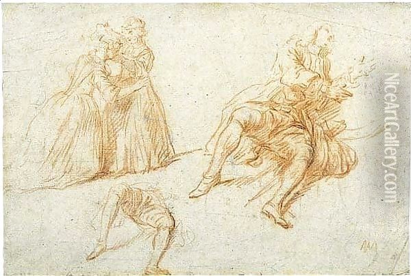 Study of two girls playing hide-and-seek and a study of a seated man and separate study of his legs Oil Painting - Nicolas Lancret